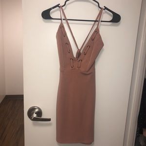 Peach v neck lace up mini dress